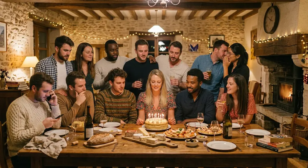 Groupe réuni autour d'un gâteau d'anniversaire aux bougies dans la salle à manger d'un gîte de groupe
