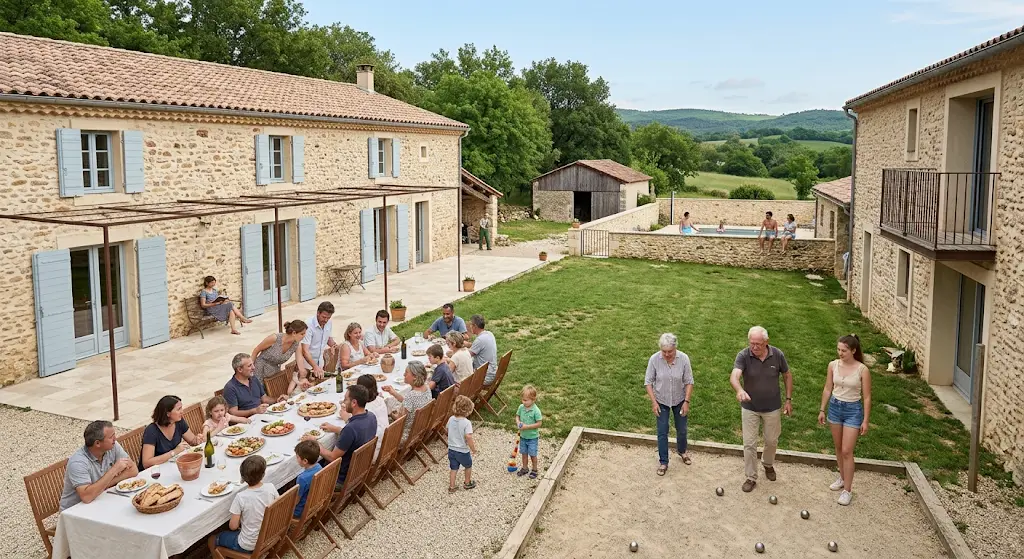 Repas de famille réuni en extérieur devant un gîte de groupe, partie de pétanque dans le jardin