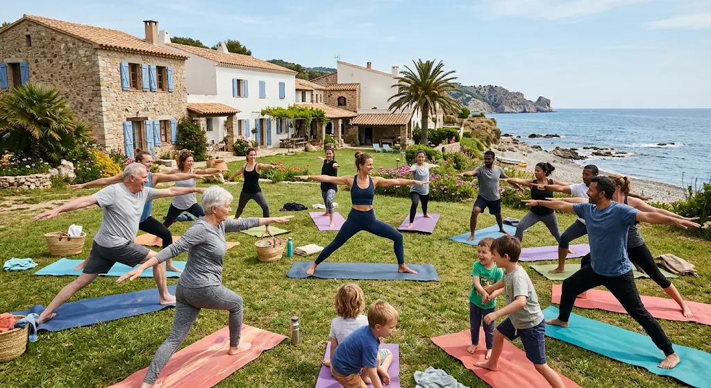Cours de yoga en extérieur devant un gîte de groupe face à la mer