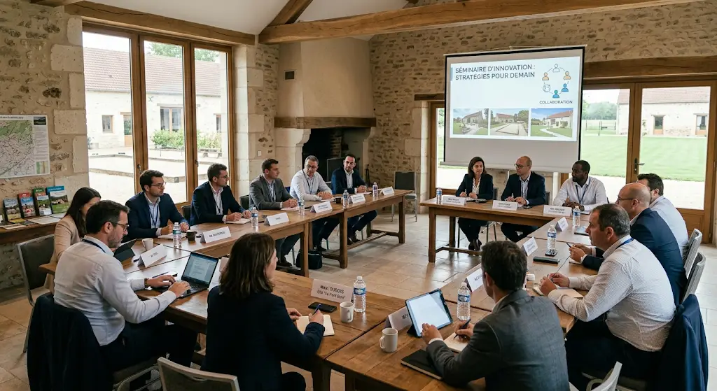 Séminaire d'entreprise en réunion dans la salle d'un gîte de groupe