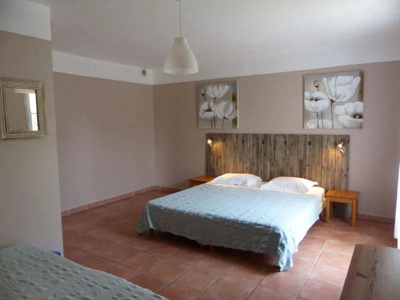 Chambre spacieuse avec grand lit double, tête de lit bois et tomettes