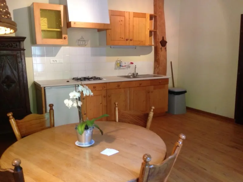 Cuisine equipee en bois clair avec table ronde, chaises et plaque de cuisson
