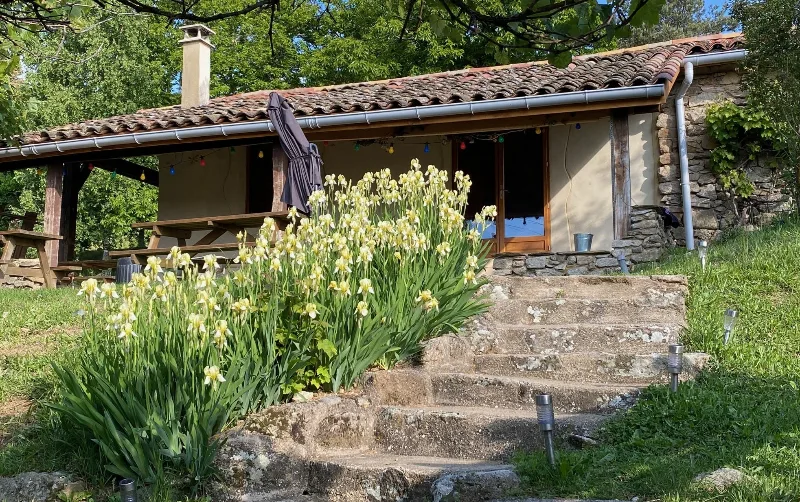 Facade de maison en pierre au toit de tuiles, escalier rustique et massif d'iris fleuris