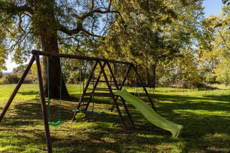 Aire de jeux pour enfants avec portique, balancoires et toboggan sous un grand arbre