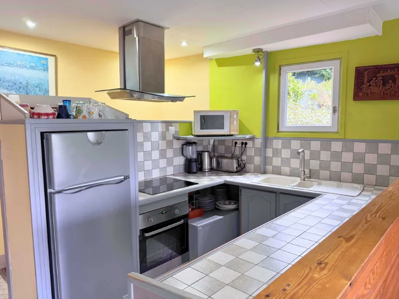 Cuisine équipée colorée vert anis avec réfrigérateur inox et hotte aspirante