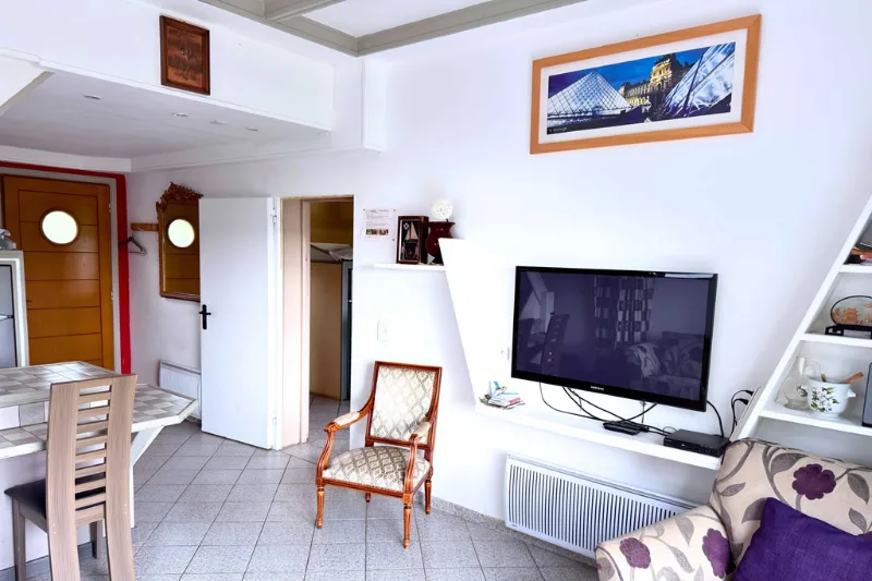 Séjour lumineux avec fauteuil doré, télévision et affiche du Louvre
