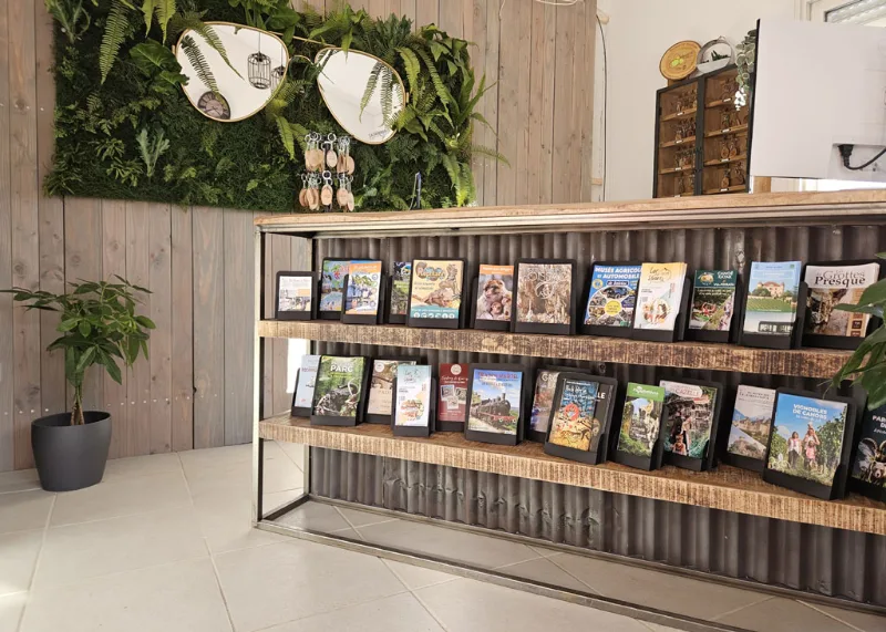 Espace d'accueil avec comptoir, mur végétal et présentoir de brochures touristiques de la région