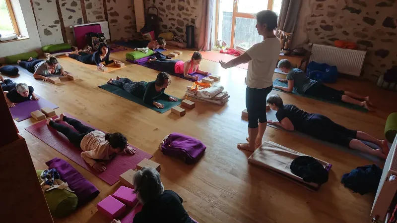 Salle avec parquet dans le gîte, idéale pour 12 yogis.