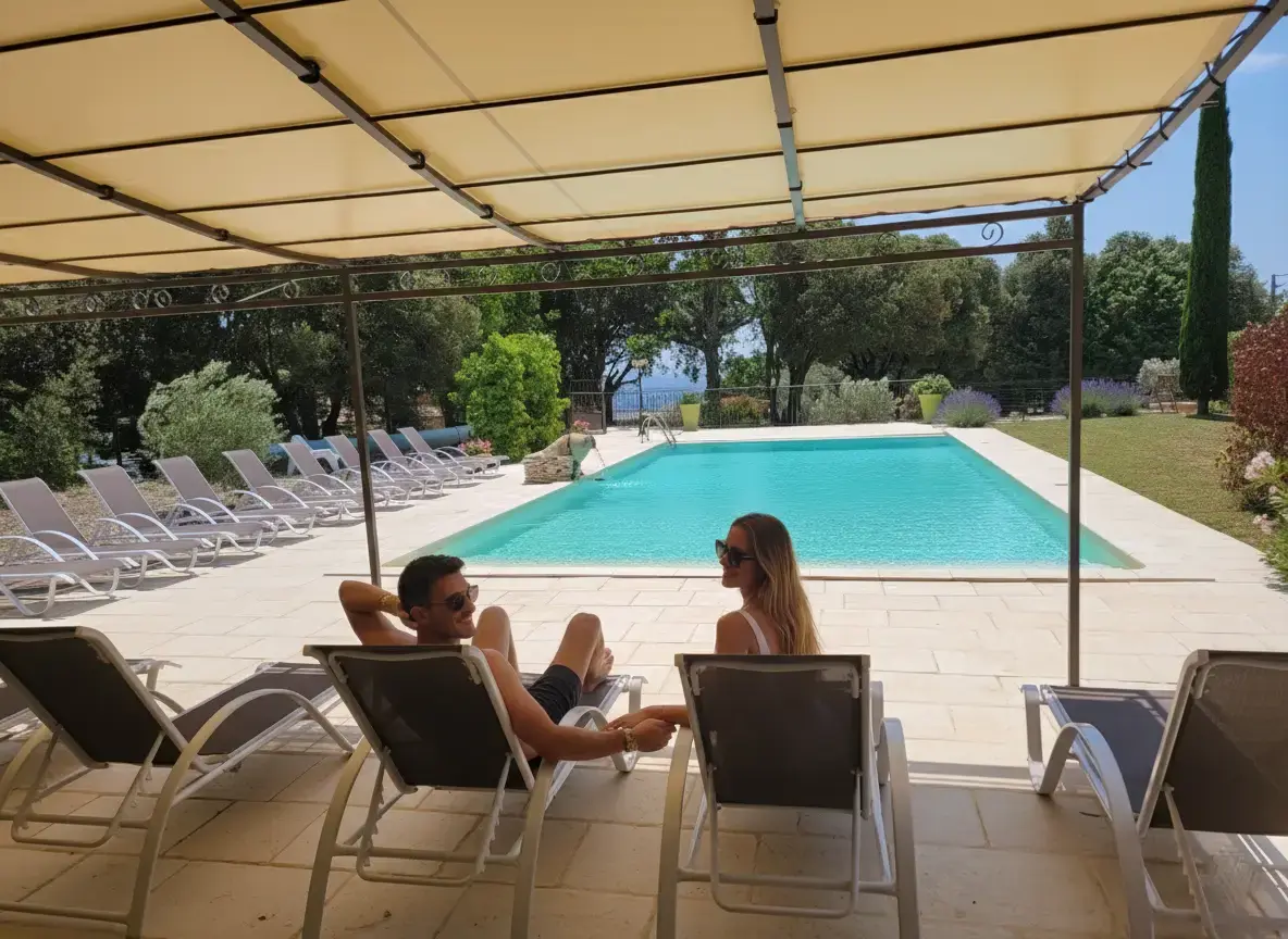 La grande piscine avec son espace ombragé