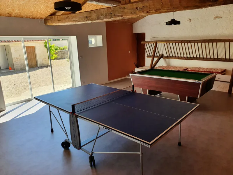 Salle de jeux avec table de ping-pong bleue et billard sous charpente en pierre