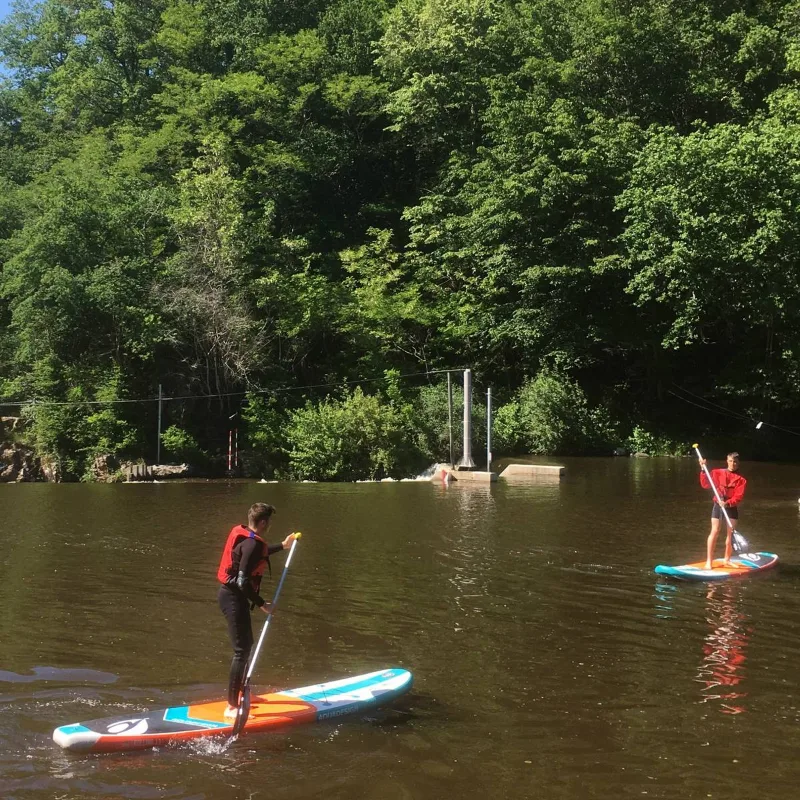 Deux pratiquants de stand-up paddle sur rivière calme bordée de forêt
