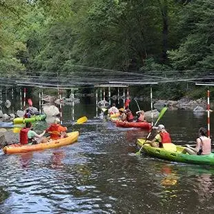 Groupe de kayakistes colorés sur rivière encadrée de forêt en été