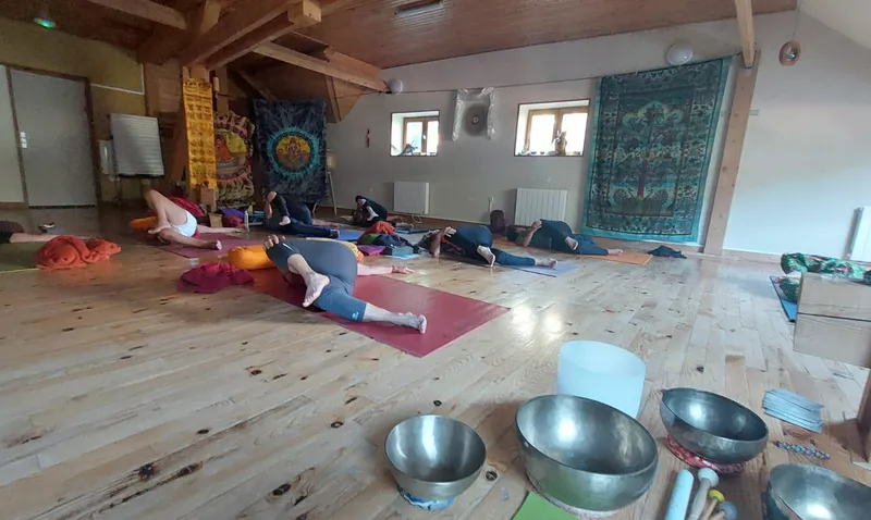 Salle d'activités polyvalente du gîte La Sauvagine avec grande tablée et vue sur la montagne