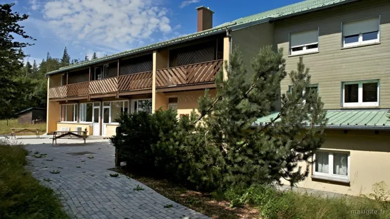 Façade extérieure du centre Les Sapins à Belmont, terrasse pavée avec tables de pique-nique entourée de sapins