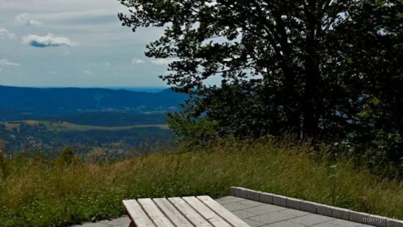 Vue panoramique depuis la terrasse sur la vallée boisée du massif du Champ du Feu