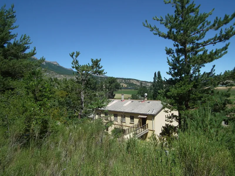 Le gîte niché parmi les pins, avec vue sur les crêtes rocheuses des Baronnies Provençales