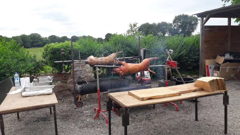 Cochon entier rôtissant à la broche en plein air entouré de haies et d'arbres