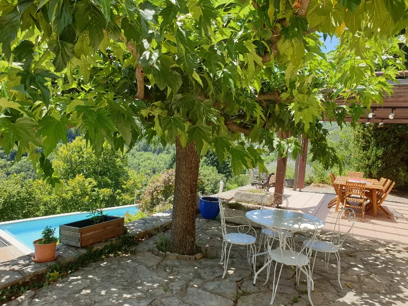 Terrasse ombragée avec table et piscine à débordement surplombant la forêt cévenole