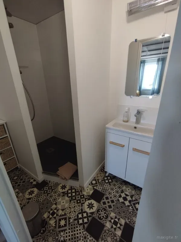 Salle d'eau rénovée avec douche à l'italienne et carrelage graphique en damier