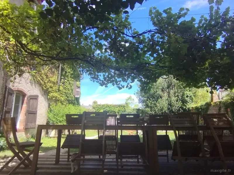 Grande table de repas sur la terrasse ombragée par une treille de vigne