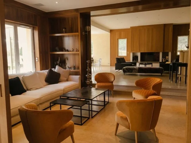 Salon boisé du Manoir avec fauteuils en bois clair, ambiance chaleureuse et feutrée