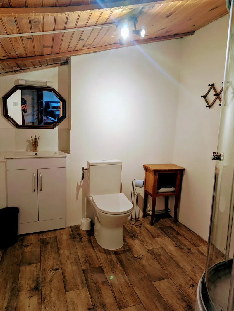 Salle de bain simple avec lavabo et toilettes, sol en bois