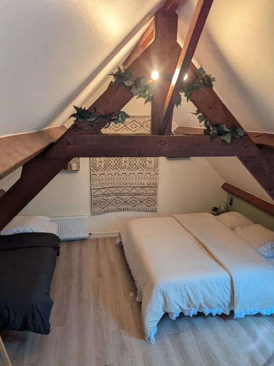 Chambre sous combles avec poutres apparentes et deux lits
