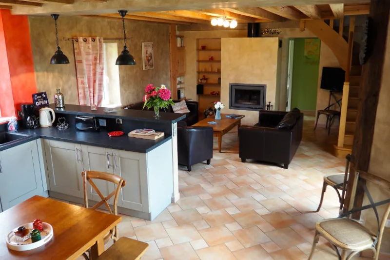Séjour ouvert avec coin cuisine, table de repas et rideaux rouges, poutres apparentes