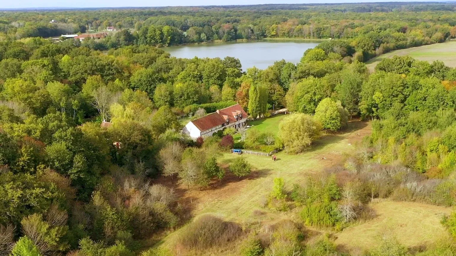 Gîte de groupe La Boursicauderie à Rogny-les-Sept-Écluses — Vue aérienne du domaine de vingt hectares avec la longère à colombages, l'étang et la forêt, capacité 15 personnes