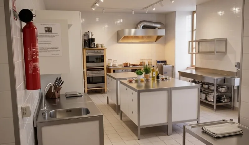 Cuisine professionnelle équipée avec plans de travail en inox et grand espace de préparation
