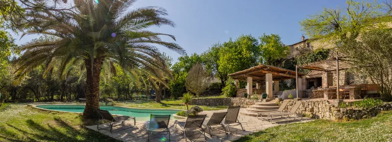 Coin piscine ombragé par un palmier avec pergola en pierre et espace barbecue couvert