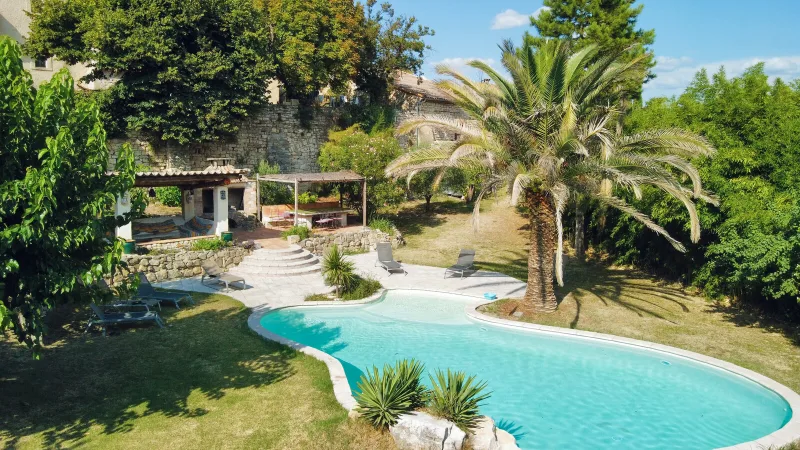 Vue aérienne du mas en pierre avec piscine sinueuse entourée de palmiers et jardin méditerranéen