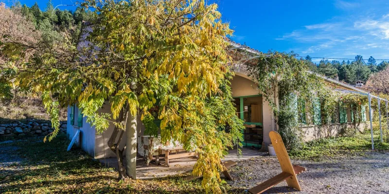 Entrée et terrasse couverte de la maison commune sous un arbre aux couleurs automnales