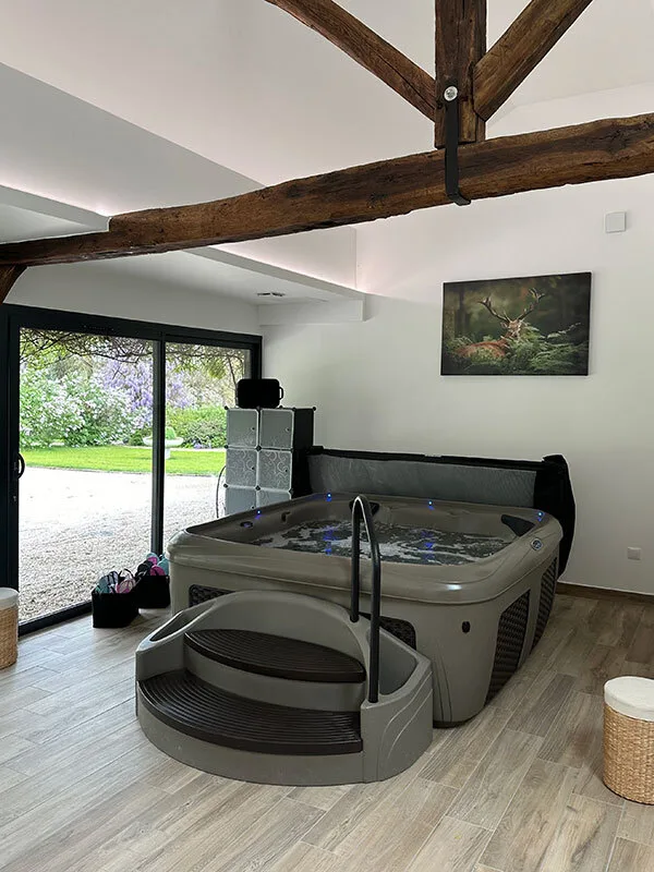 Espace bien-être avec spa et éclairage tamisé