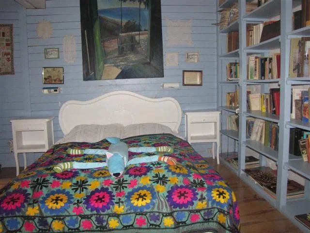 Chambre Les Acacias lumineuse aux murs bleu pastel, lit double et bibliothèque