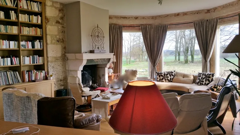 Grand salon avec cheminée, bibliothèque et baies vitrées ouvertes sur la campagne