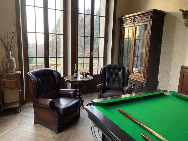 Bibliotheque et salle de billard avec fauteuils en cuir et vue sur le parc