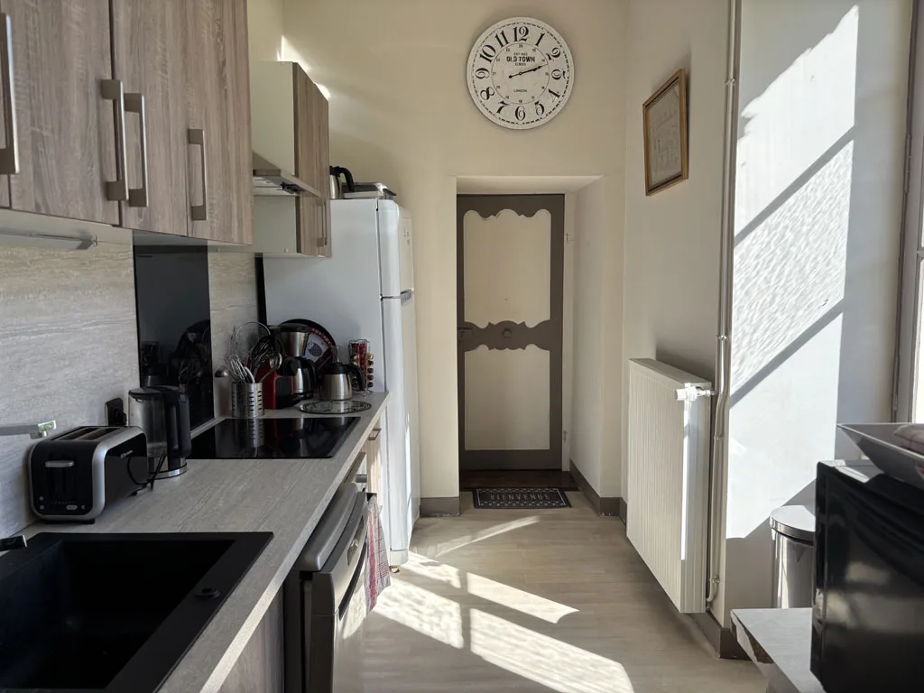 Cuisine équipée avec réfrigérateur, plaques de cuisson et meubles en bois clair