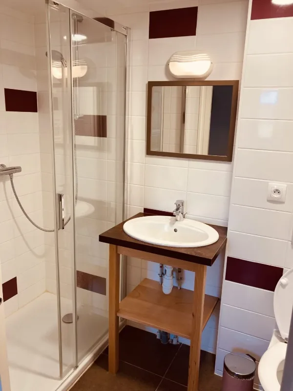 Salle de bain avec douche à l'italienne et vasque en bois