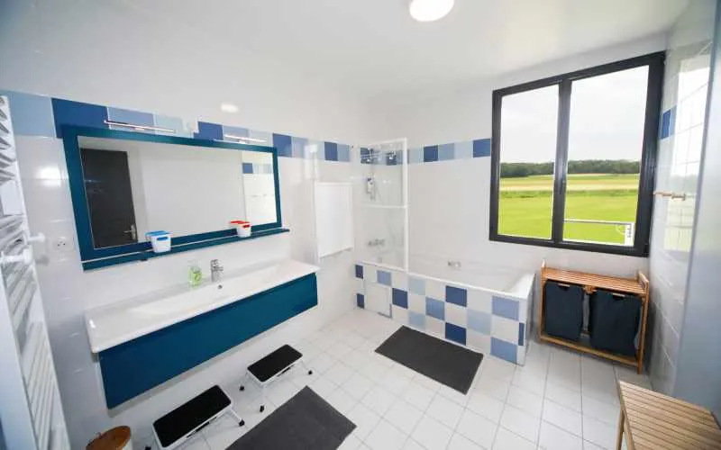 Salle de bain avec baignoire, douche et vue sur les champs