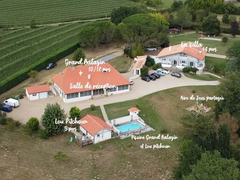 Vue aérienne du Domaine de Vigne Vieille à Sarraziet : les 3 gîtes Grand Balazin, La Villa et Lou Pitchoun, la salle de réception et la piscine