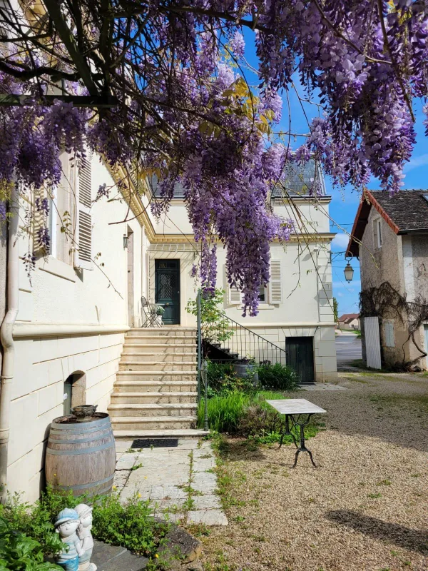 Entrée de la maison avec perron en pierre, glycine mauve et porte ancienne