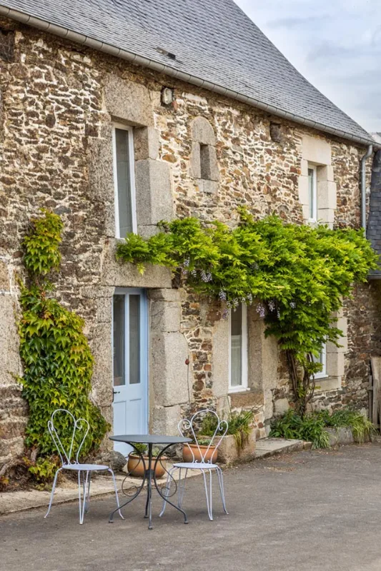 Façade en pierre d'un ancien manoir breton du XVIIe siècle, couverte de vigne vierge et glycine, avec table de jardin