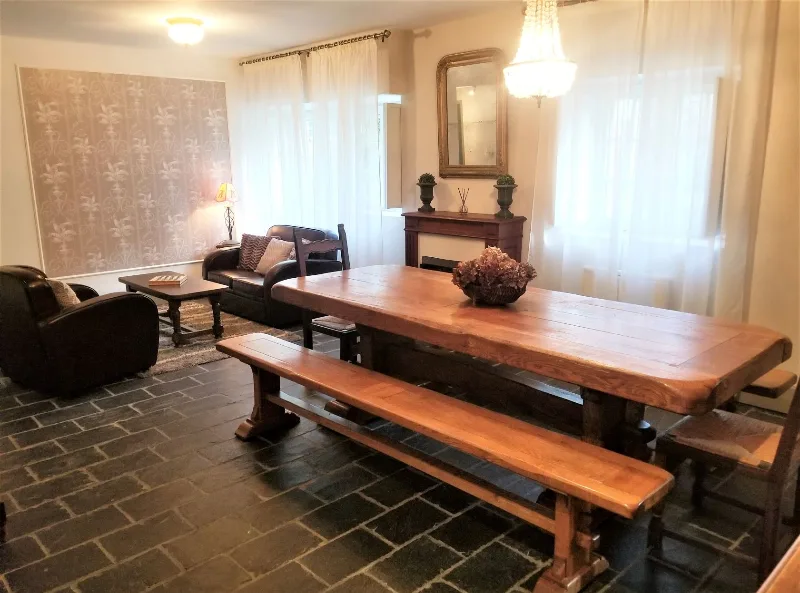 Salle à manger et salon avec grande table en bois massif, cheminée et fauteuils en cuir