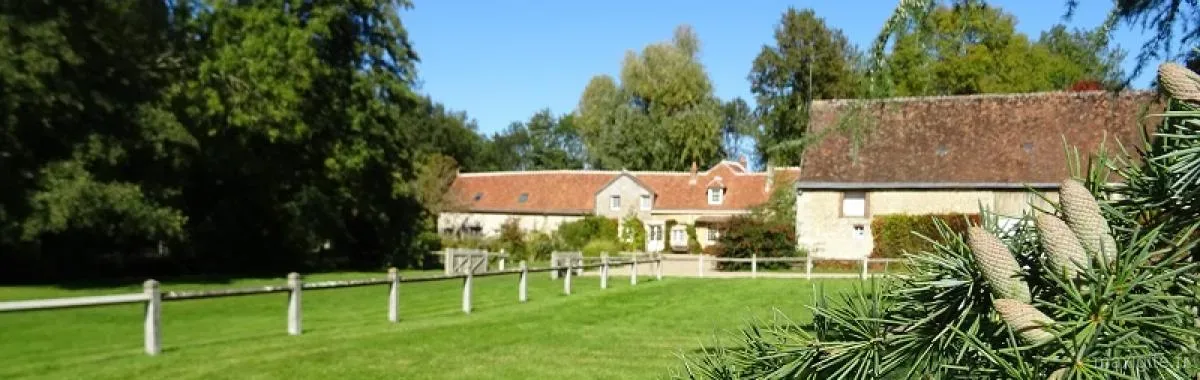 Façade en pierre et toiture en tuiles du gîte vue depuis la piscine