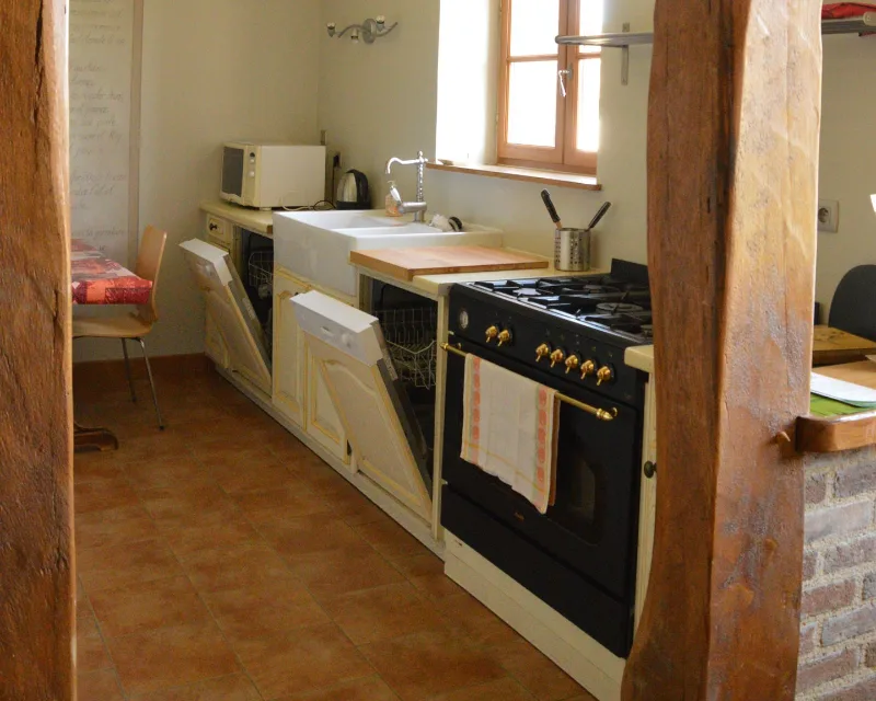 Cuisine équipée avec lave-vaisselle et cuisinière professionnelle