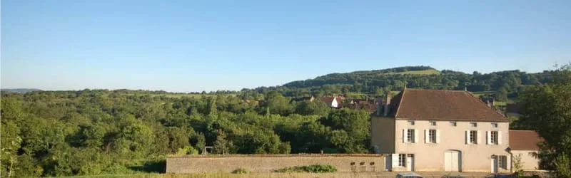 Grande maison bourguignonne en pierre entourée de vignes et de prairies vallonnées