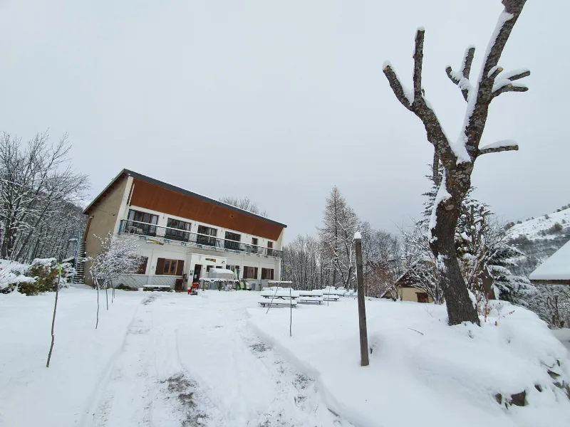 Vue d'ensemble du gîte sous la neige avec grand arbre givré au premier plan