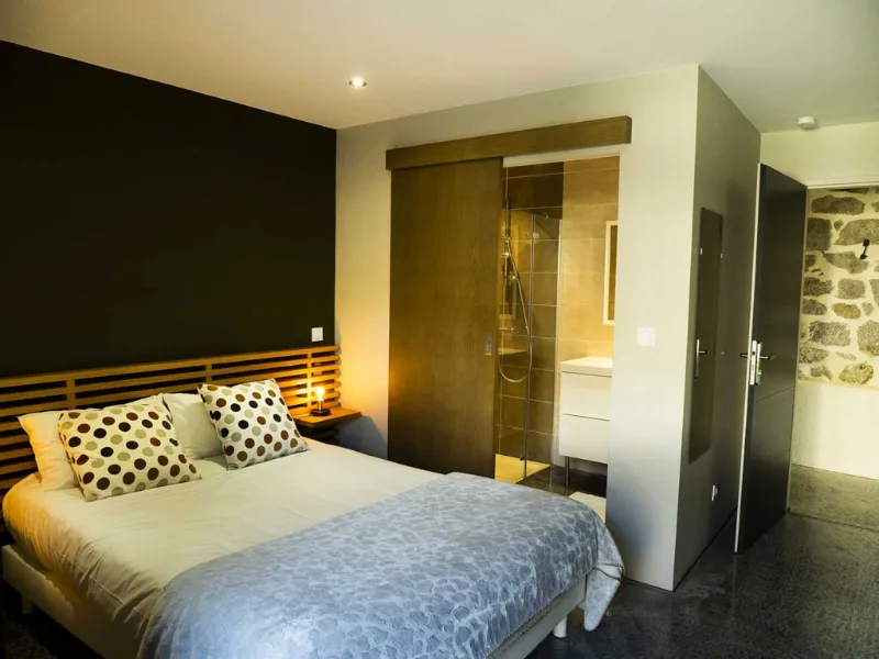 Chambre avec salle d'eau attenante à douche à l'italienne et mur en pierre