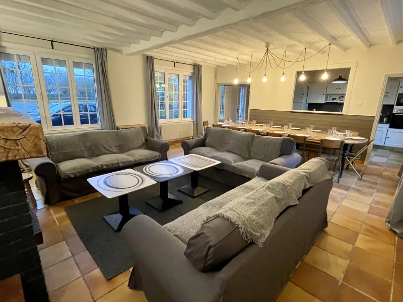 Salon lumineux avec canapés et grande baie vitrée donnant sur le jardin